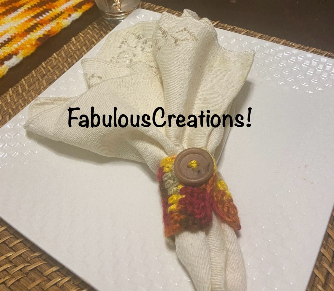 Handmade Fall Crochet Table Runner with four matching napkin rings