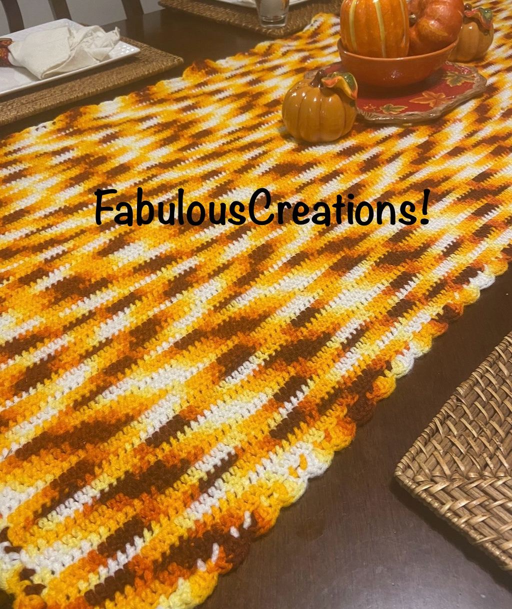 Handmade Fall Crochet Table Runner with four matching napkin rings