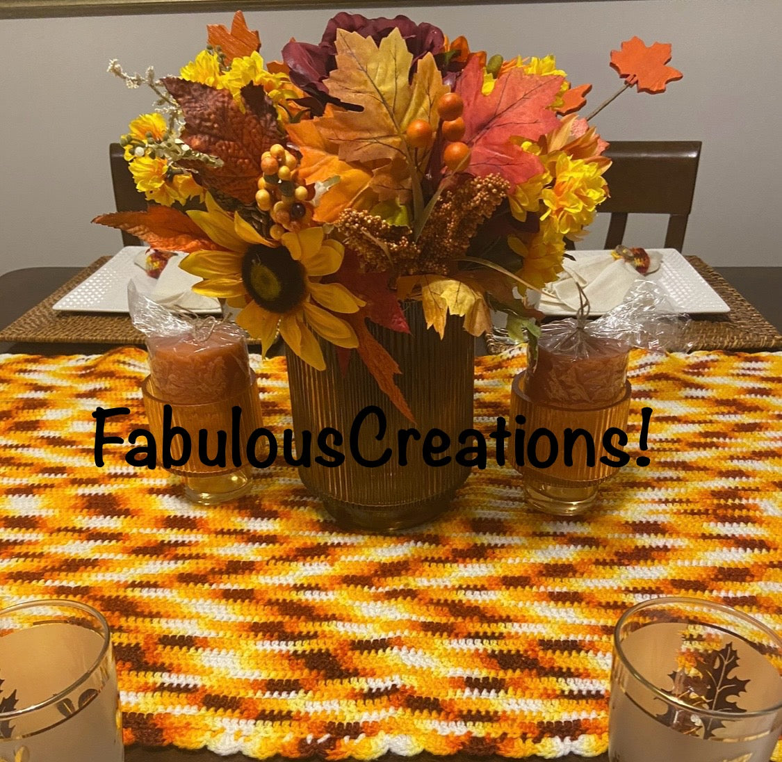 Handmade Fall Crochet Table Runner with four matching napkin rings