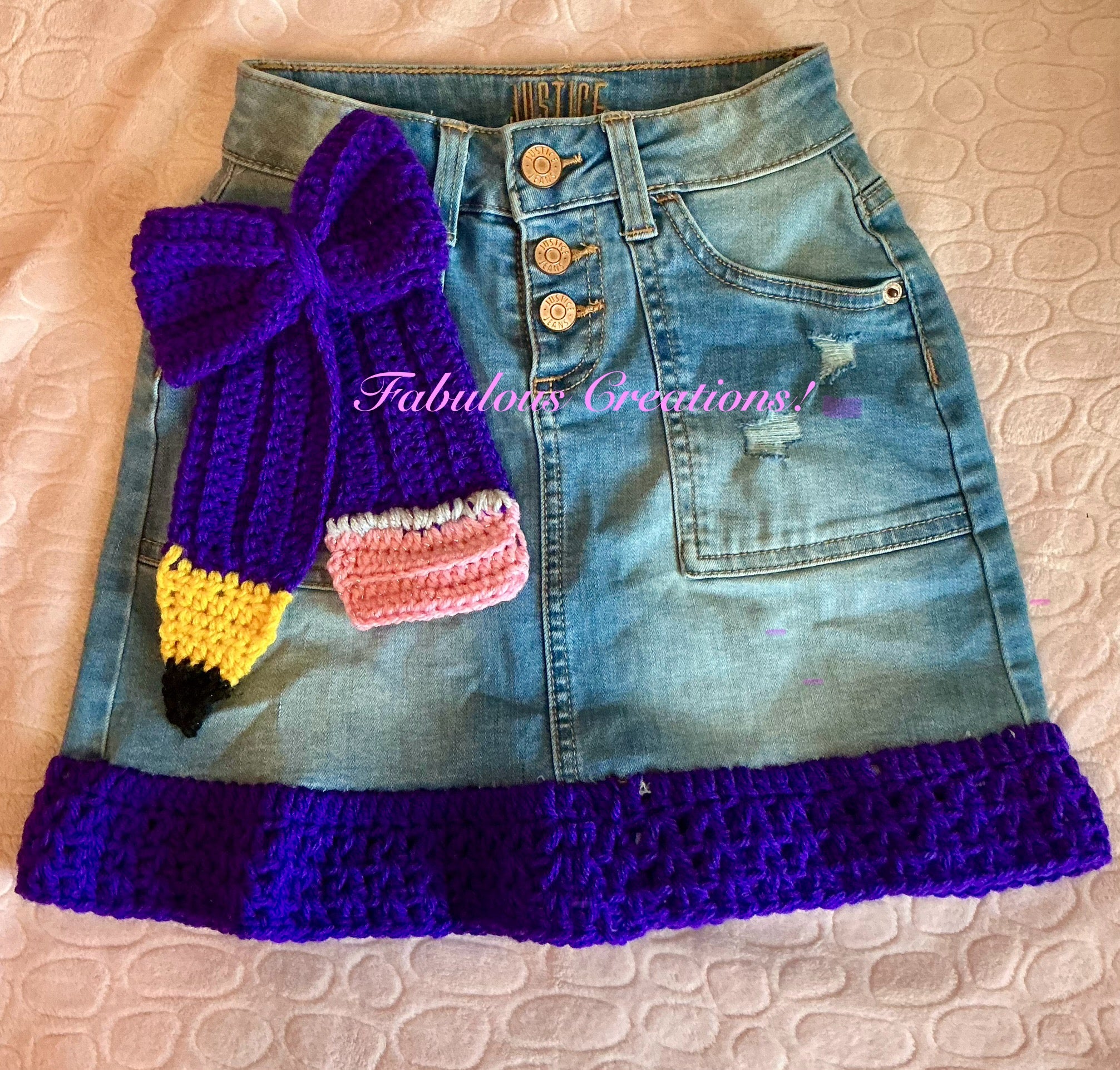 Denim & crochet child’s skirt and pencil hair bow set